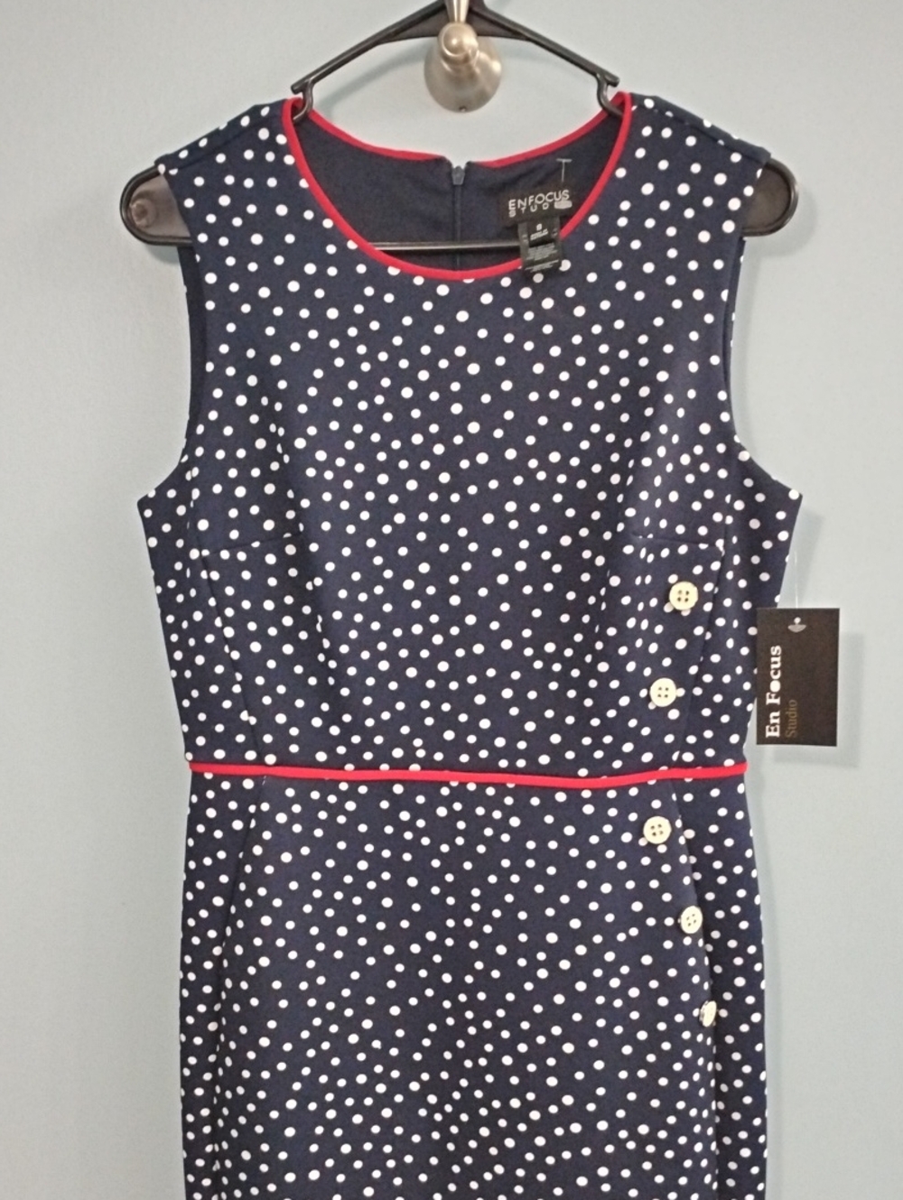 NWT Enfocus Studio Navy and White Polka Dot Midi Dress with Red Trim Size 8